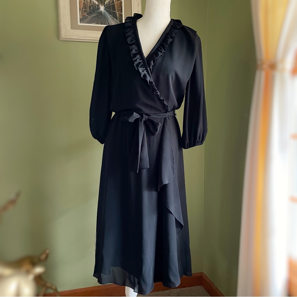 Vintage Samuel Grossman Black Ruffle Wrap Dress